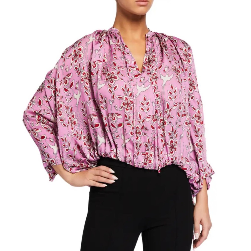 Rhode Helene Crepe De Chine Gathered Bird Print Peasant Blouse S